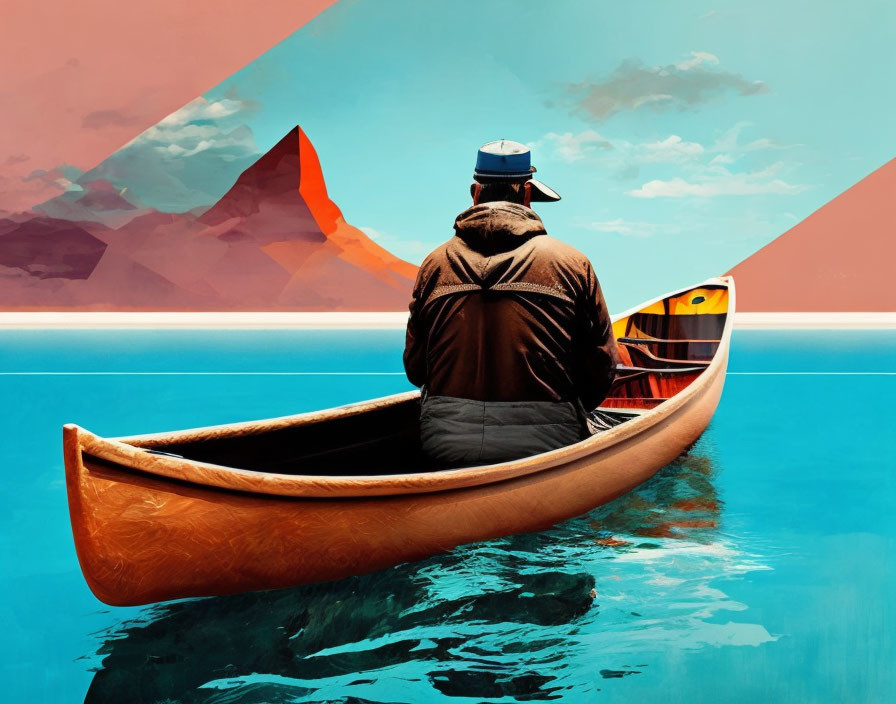 Person paddling wooden canoe on calm blue waters with colorful mountains