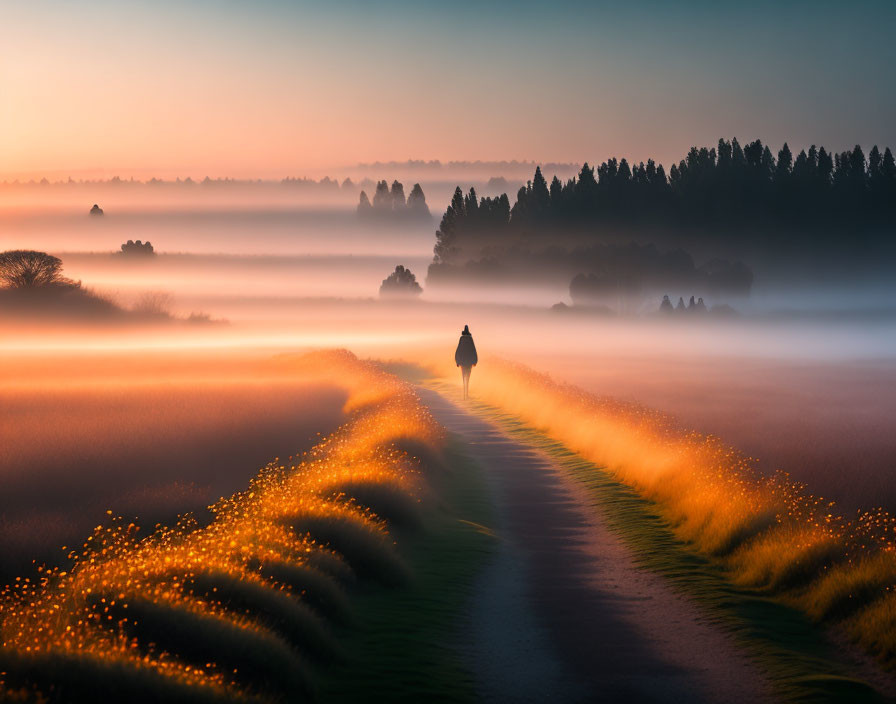 Solitary figure walking on misty sunlit path surrounded by glowing grass and foggy trees