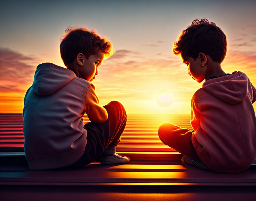 Children silhouettes on deck at sunset with warm light.