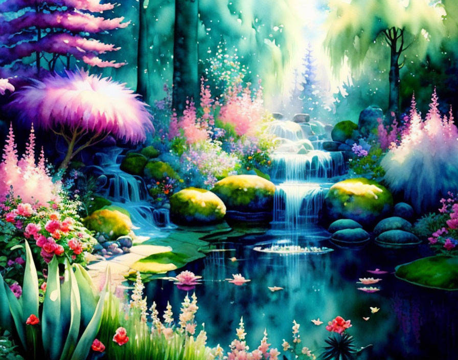 Colorful fantasy landscape with luminous plants, serene waterfall, moss-covered stones, tranquil pond.