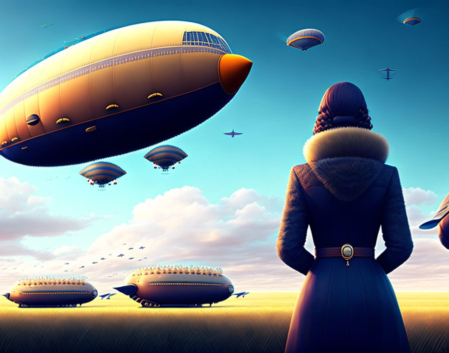 Vintage-coated woman admires serene sky with airships and birds at dusk