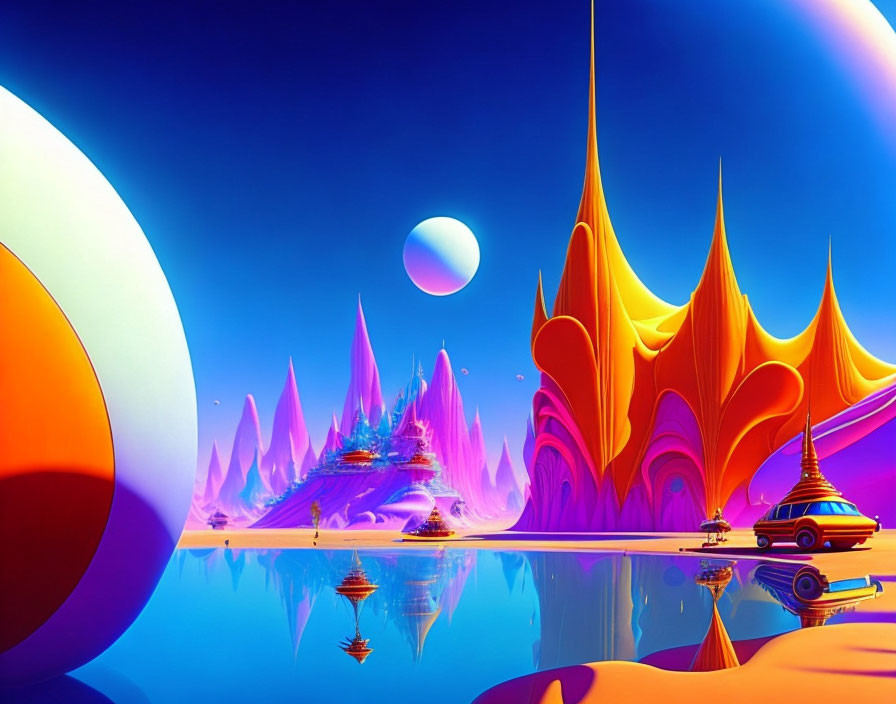 Colorful surreal landscape with orange structures, blue water, futuristic vehicles, and celestial bodies.