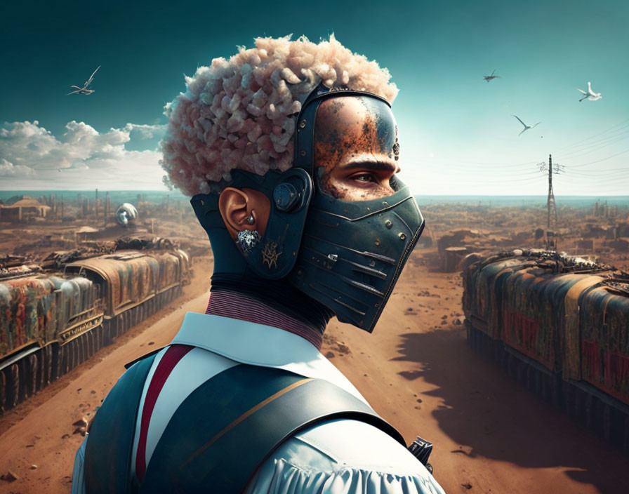 Futuristic portrait with mechanical mask and curly hair in desolate landscape.