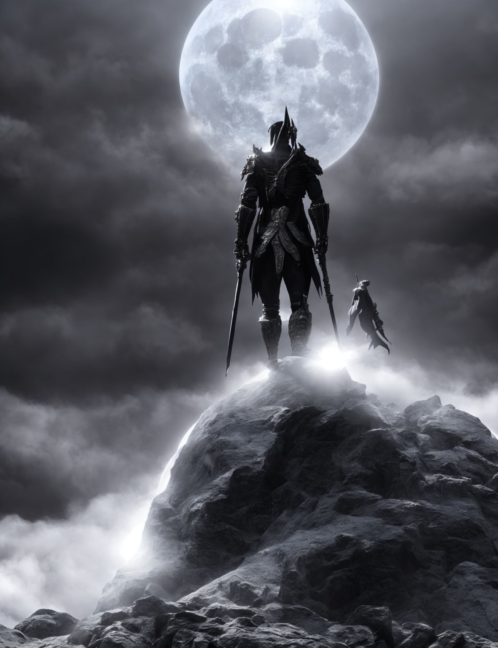 Armored figure with spear on rocky peak under full moon, second figure in cloudy atmosphere