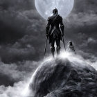 Armored figure with spear on rocky peak under full moon, second figure in cloudy atmosphere