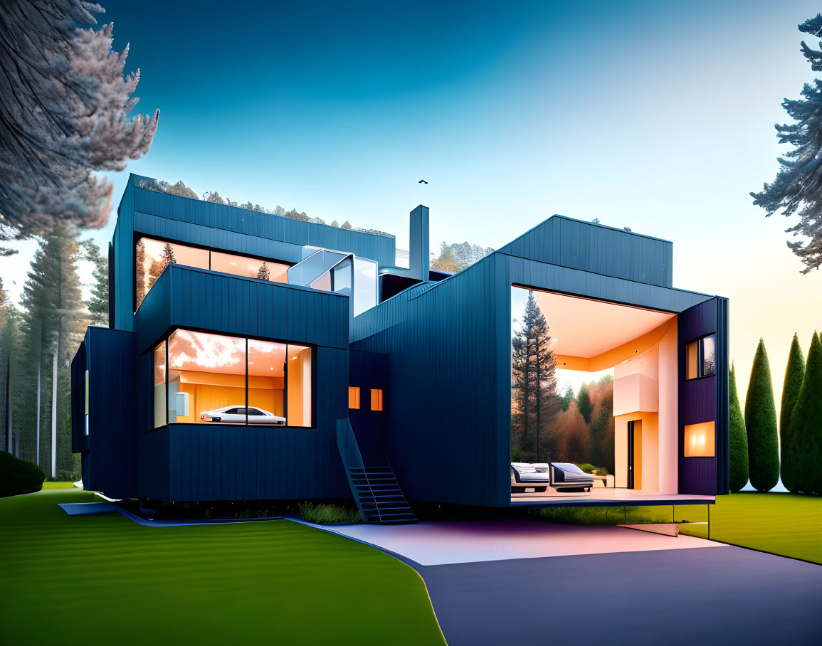 Contemporary two-story house with large windows and dark blue exterior in forest setting