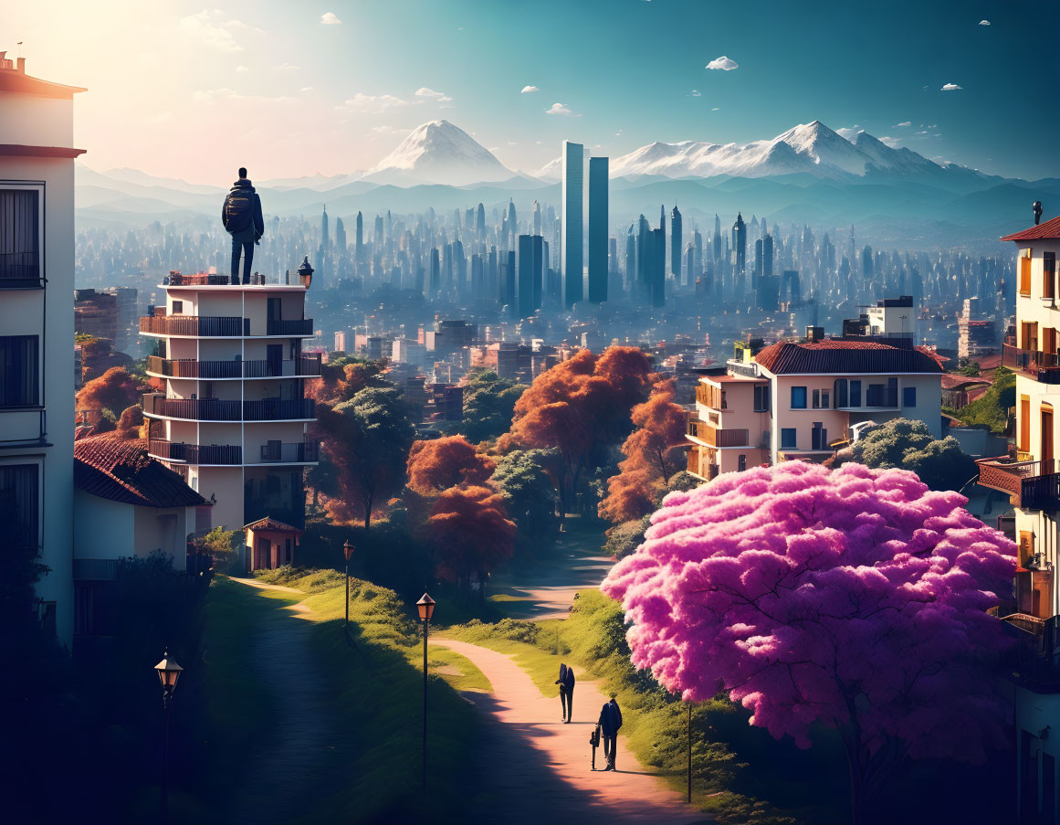 Autumn cityscape with person walking, snow-capped mountains, and futuristic skyscrapers