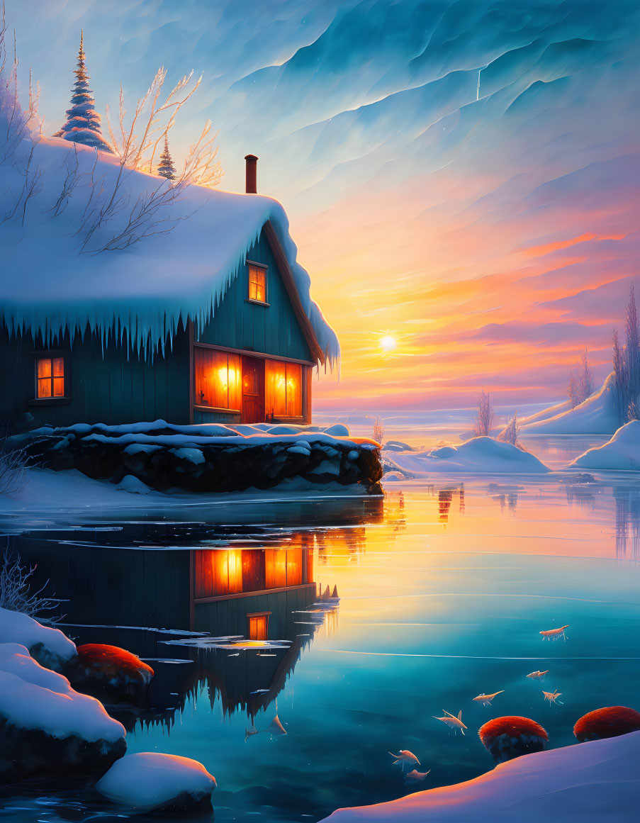 Snow-covered cabin by tranquil winter lake at sunset