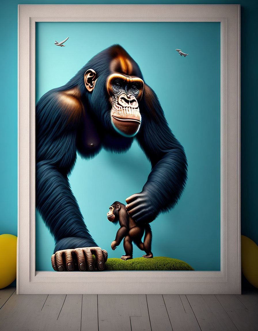 Surreal image: giant gorilla's face and arms frame smaller gorilla in room with se