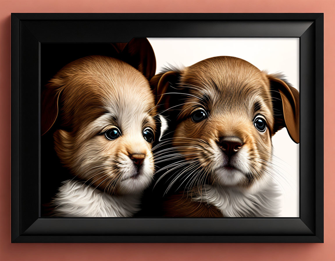 Two brown and white fur puppies in black frame