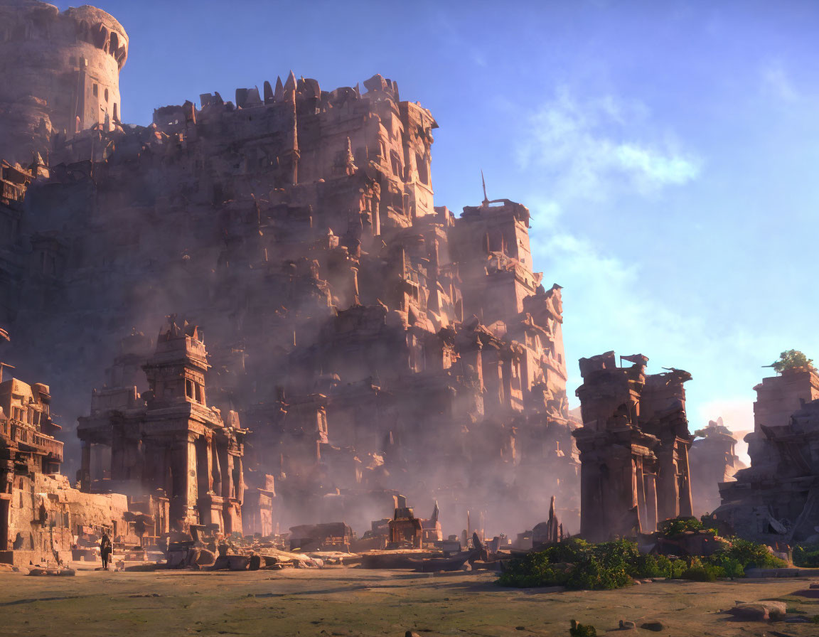 Towering ancient stone castle in ruins under clear sky