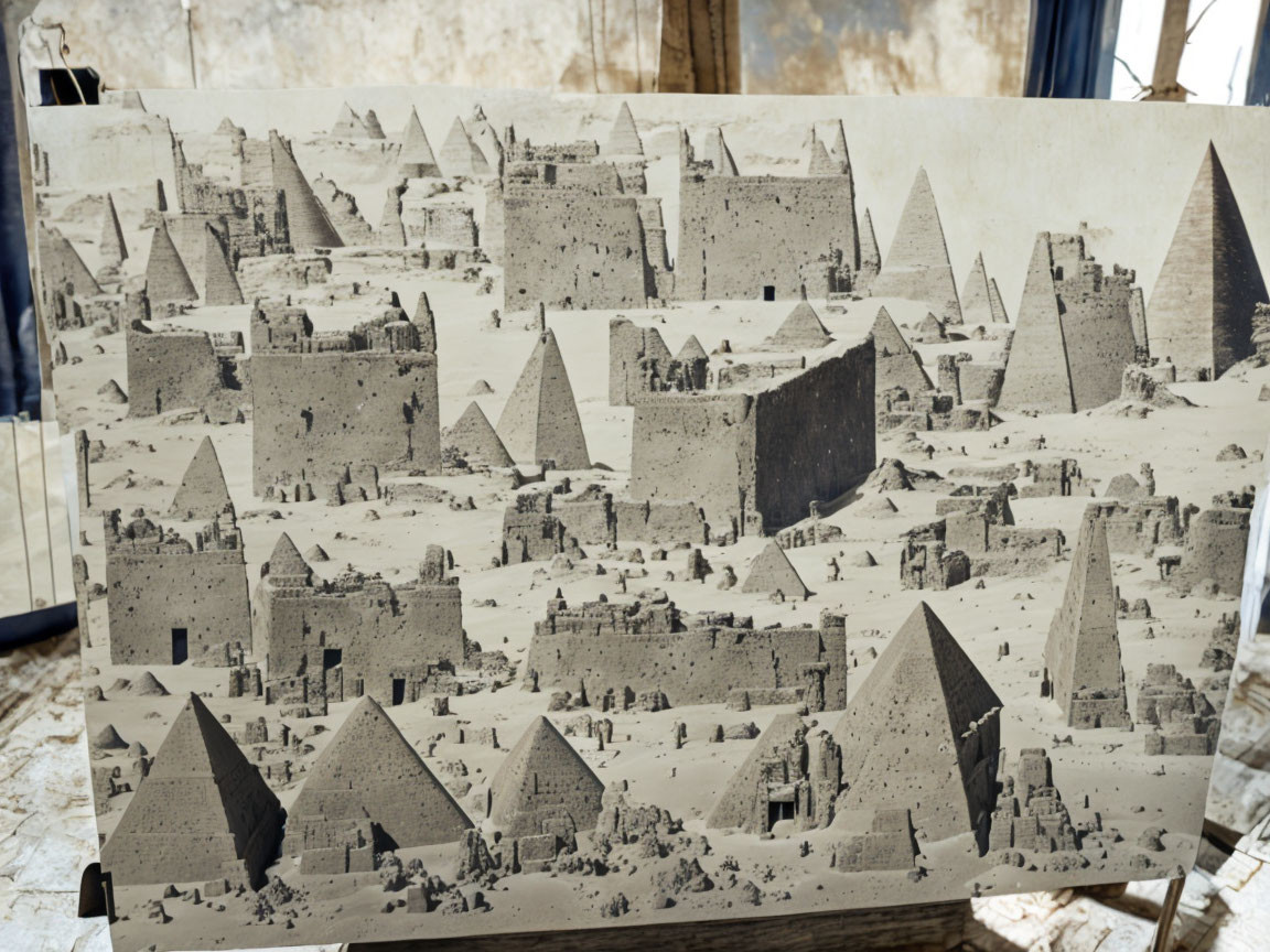 Monochrome photo of Egyptian pyramids on easel