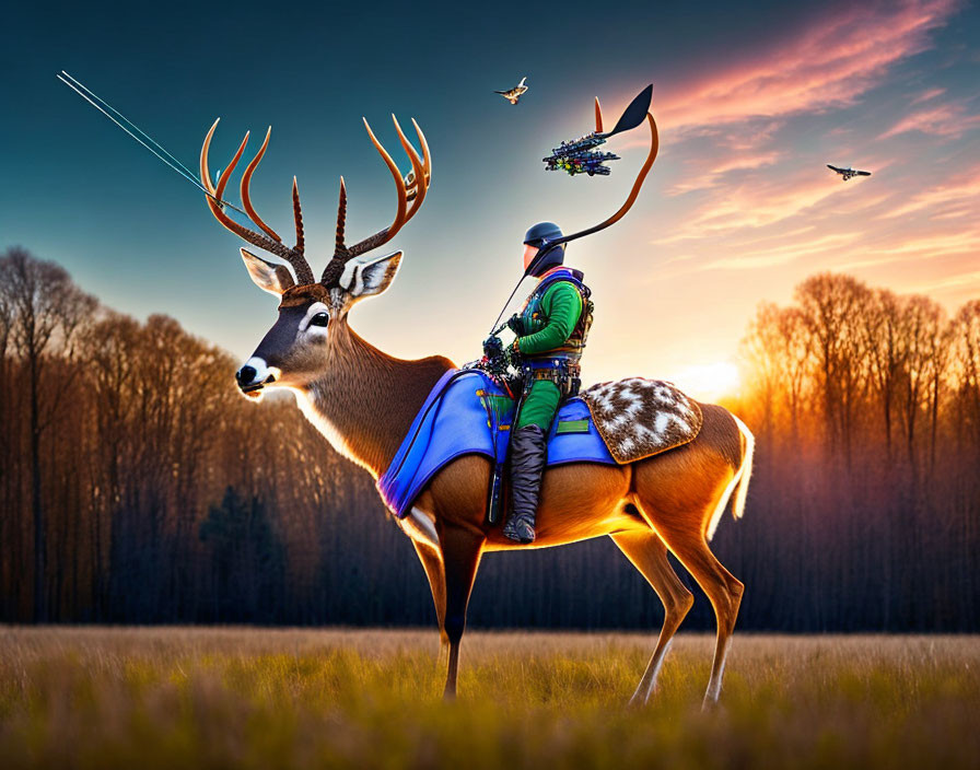 Digital artwork: Person in futuristic armor riding deer in field at sunset with drones.