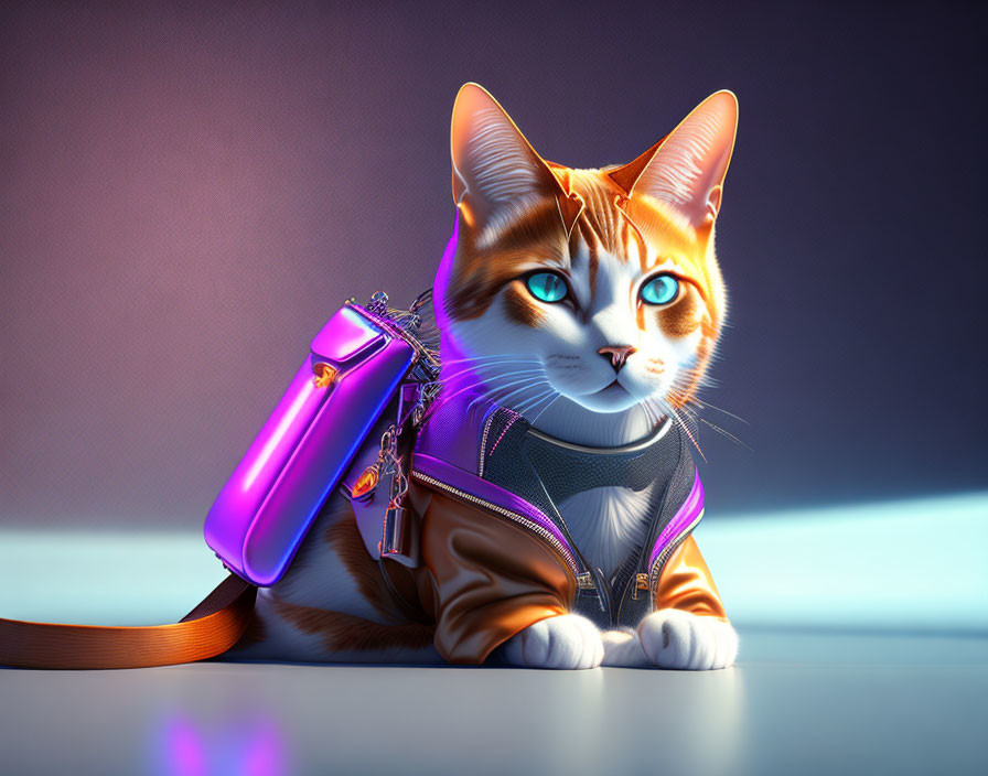 Stylized image of orange-and-white cat in leather jacket with purple satchel