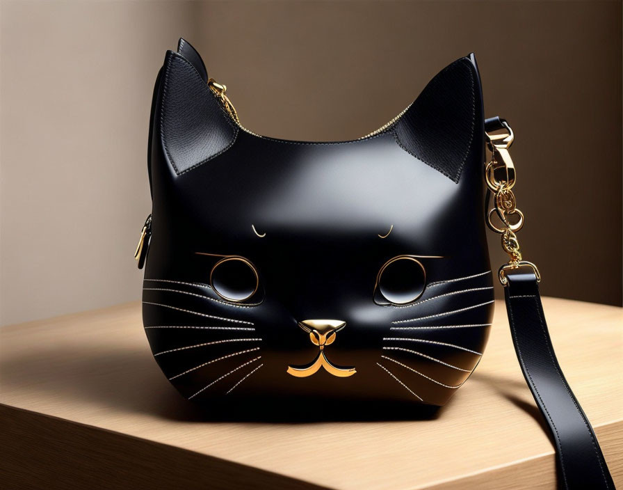 Black Cat-Shaped Handbag with Gold Detailing on Wooden Surface