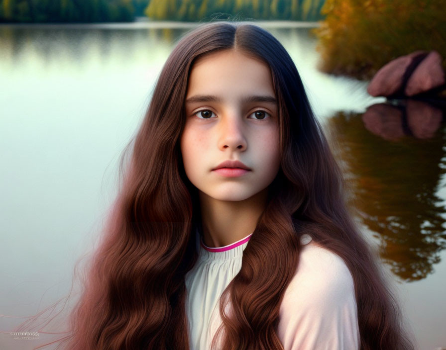 Girl with Long Brown Hair Contemplating by Serene Autumn Lake