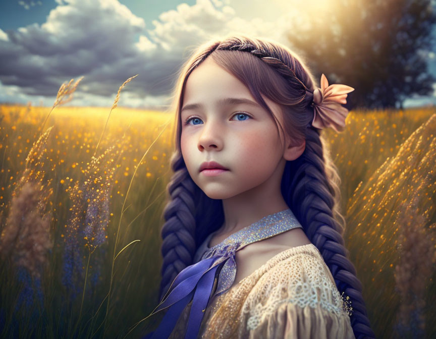 Young girl with braided hair and flower, lace dress, gazing in golden field under cloudy sky