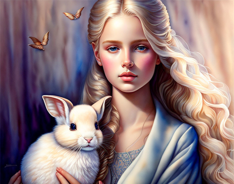 Blonde woman with rabbit and butterflies in whimsical digital art