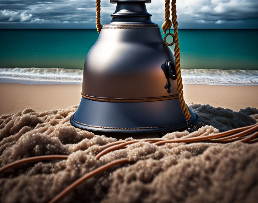 Smooth large bell upside down on sandy beach with calm ocean and cloudy sky.