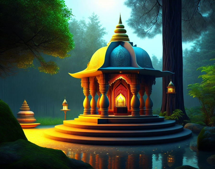 Fantasy temple with blue and gold domes in forest setting at dusk