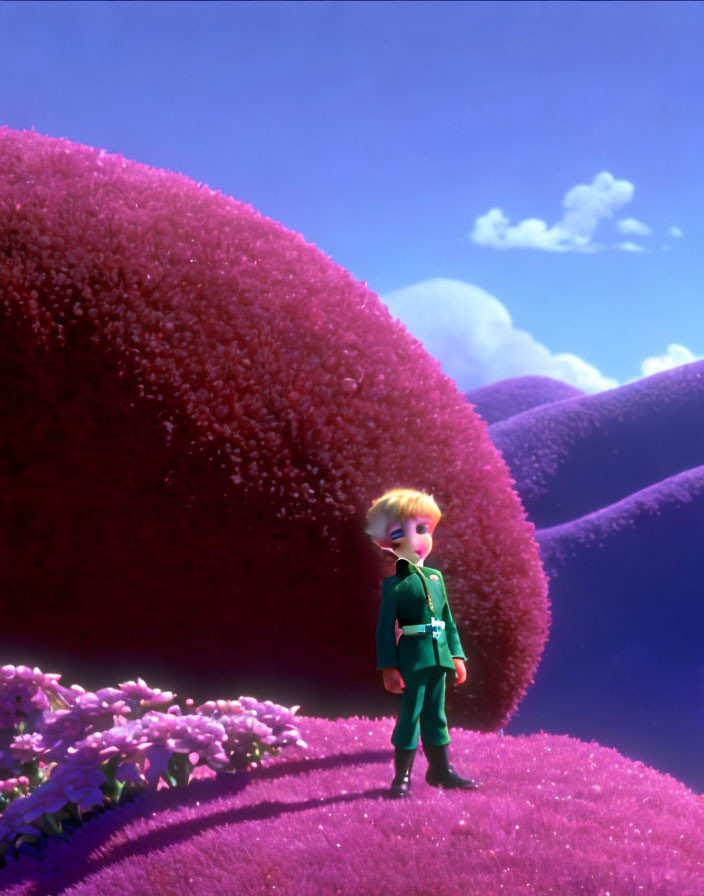 Blond-Haired Animated Character in Green Outfit on Pink Grass Hill