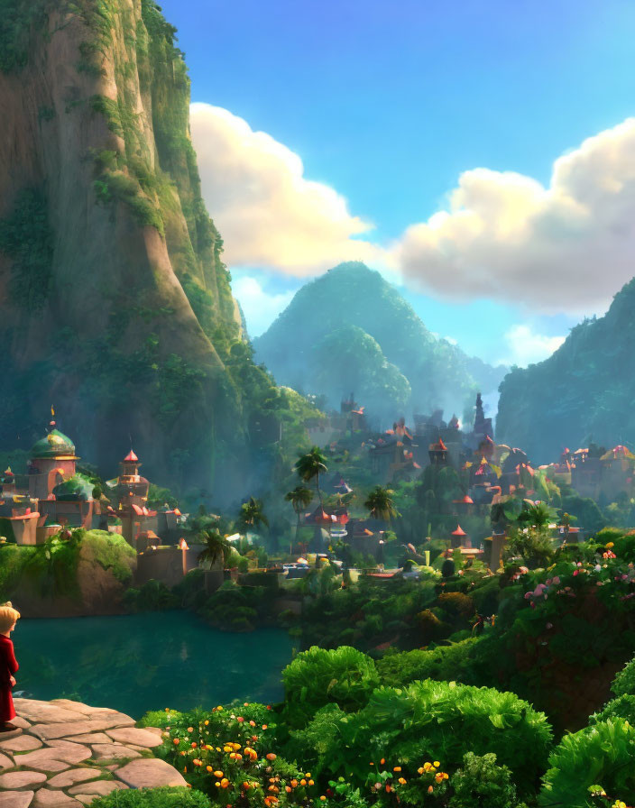 Enchanted landscape with towering cliff, river, valley, and fantastical buildings.