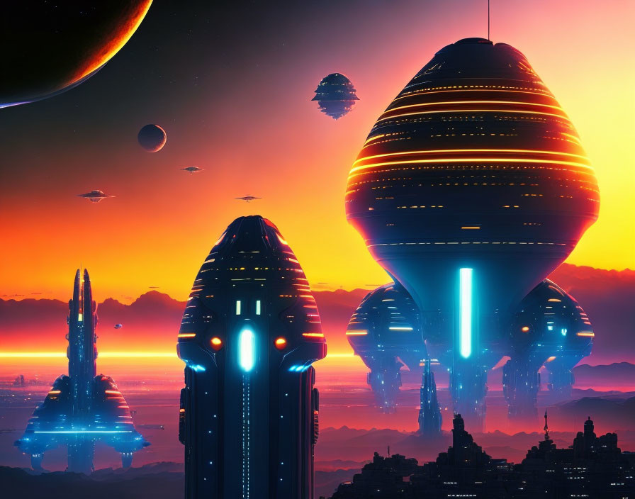 Futuristic cityscape with skyscrapers, neon lights, moons, and floating structures in orange