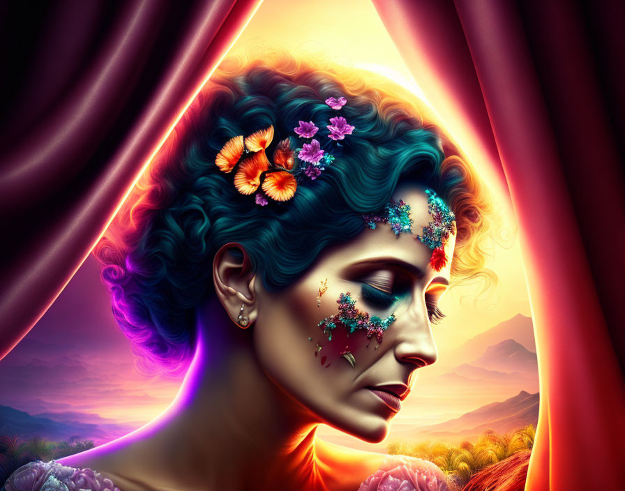 Colorful digital artwork: Woman with flower hair, neon outlines, sunset background.