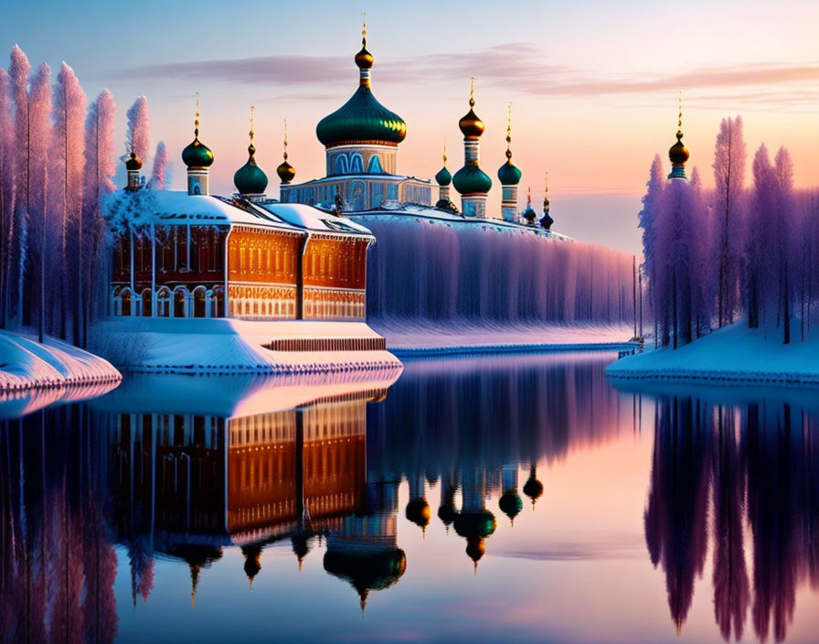 Colorful Orthodox church reflected in tranquil river amid snowy trees.