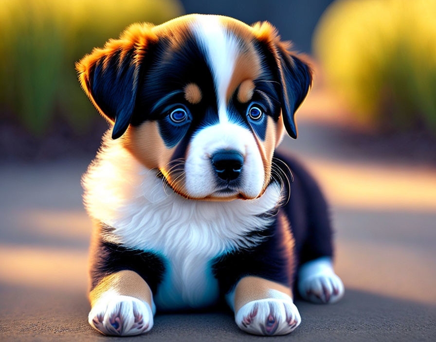 Tricolor Bernese Mountain Puppy with Bright Blue Eyes on Sunlit Pavement