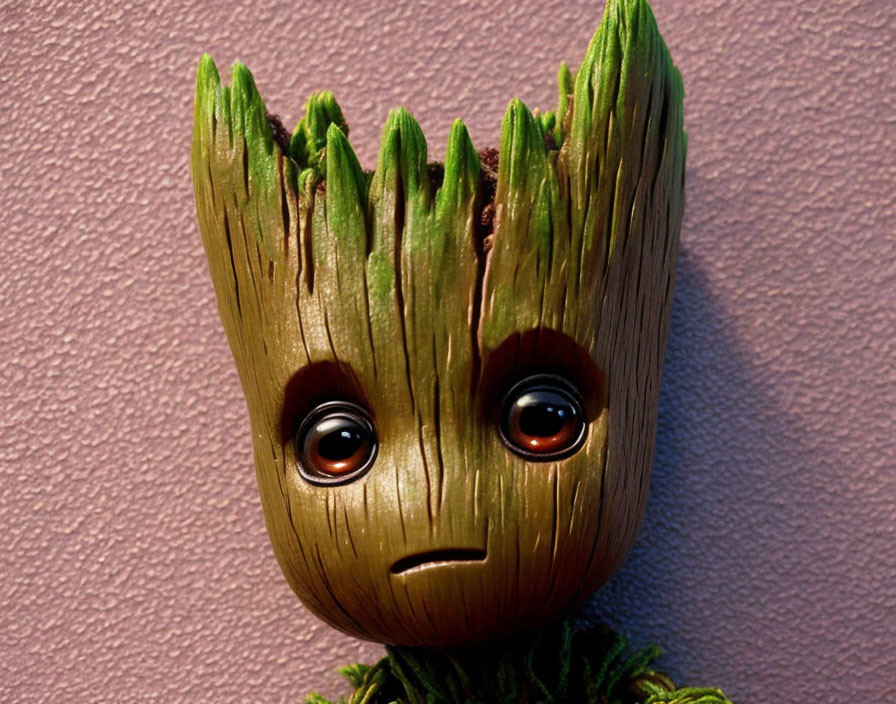 Figure resembling Groot with large eyes on purple background