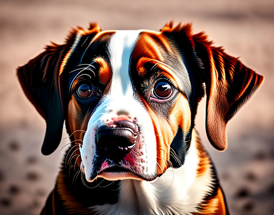 Tricolor dog with expressive eyes and glossy coat on blurred background