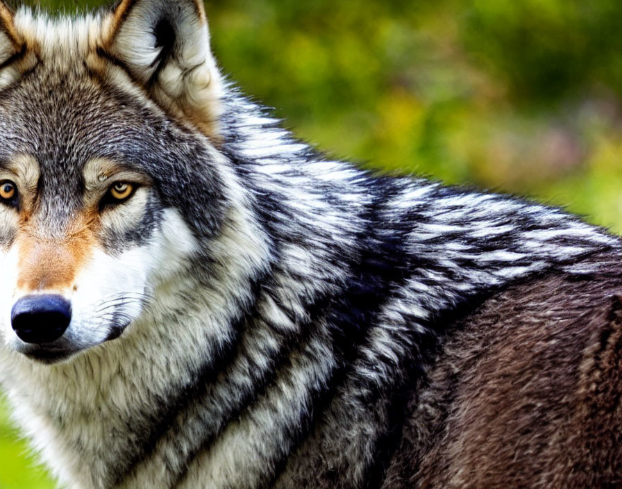 Wolf with thick coat and striking eyes against blurred green background