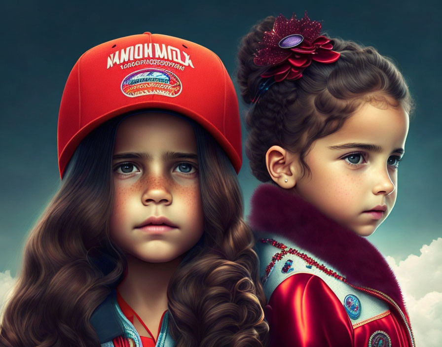 Detailed portrait of two girls side by side with distinct accessories