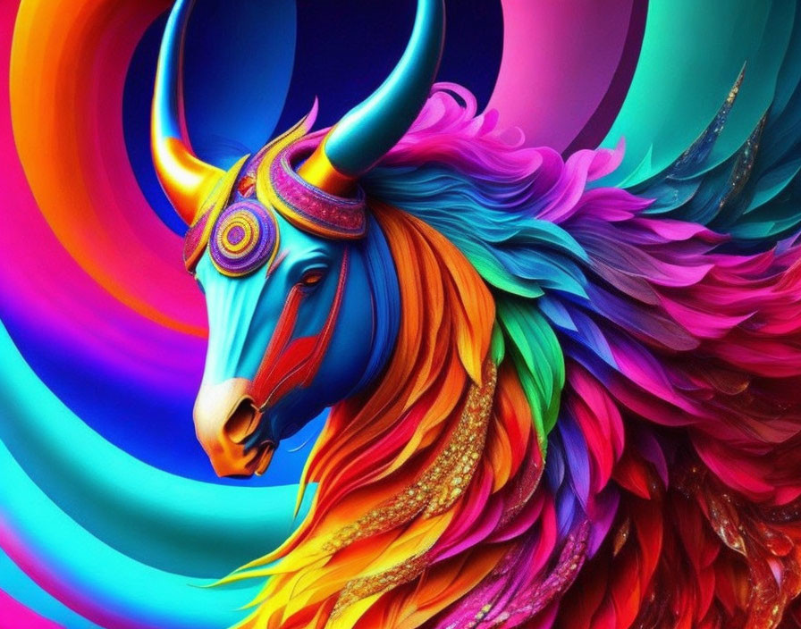 Colorful Stylized Bull Art with Psychedelic Background