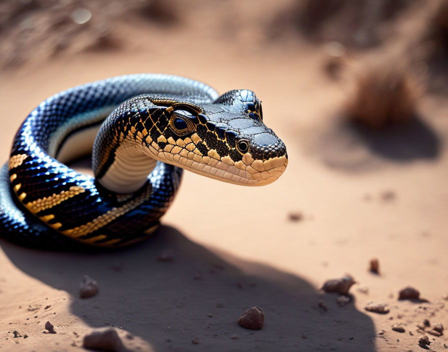 Colorful serpent with blue and yellow scales on sandy surface