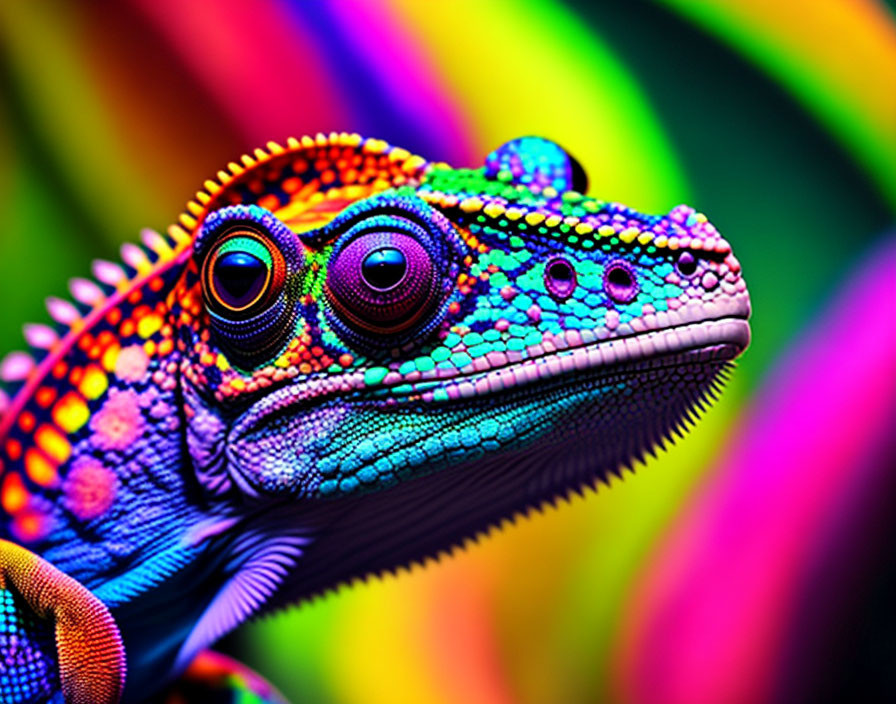 Vibrant chameleon close-up on textured skin against colorful background