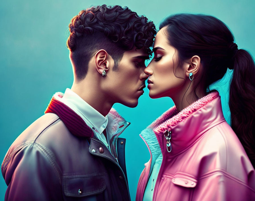 Stylized image of man and woman kissing in fashionable clothing on blue background