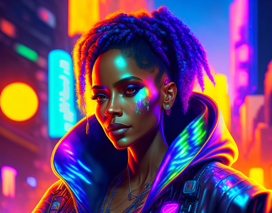 Vibrant digital artwork: woman with blue dreadlocks and neon face paint in colorful cityscape