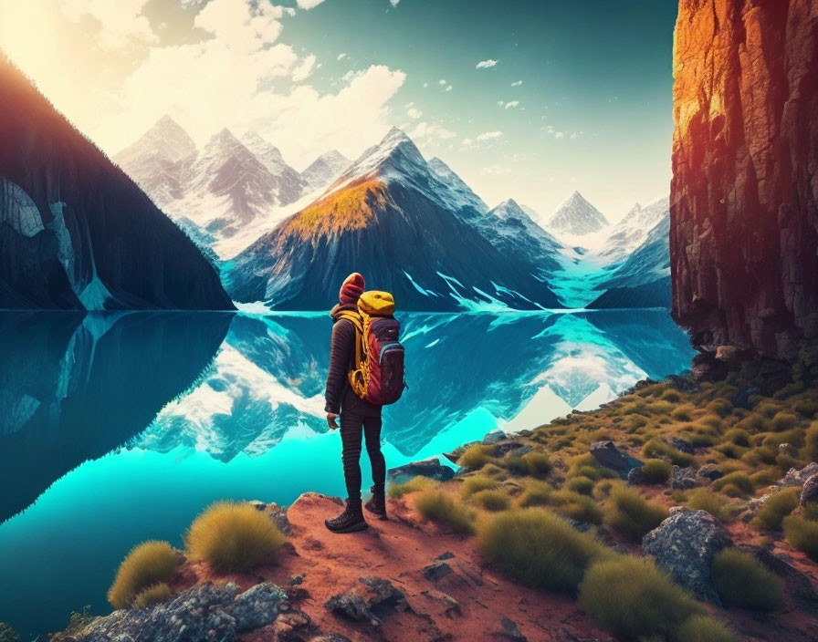 Hiker at serene mountain lake with snow-capped peaks at sunset