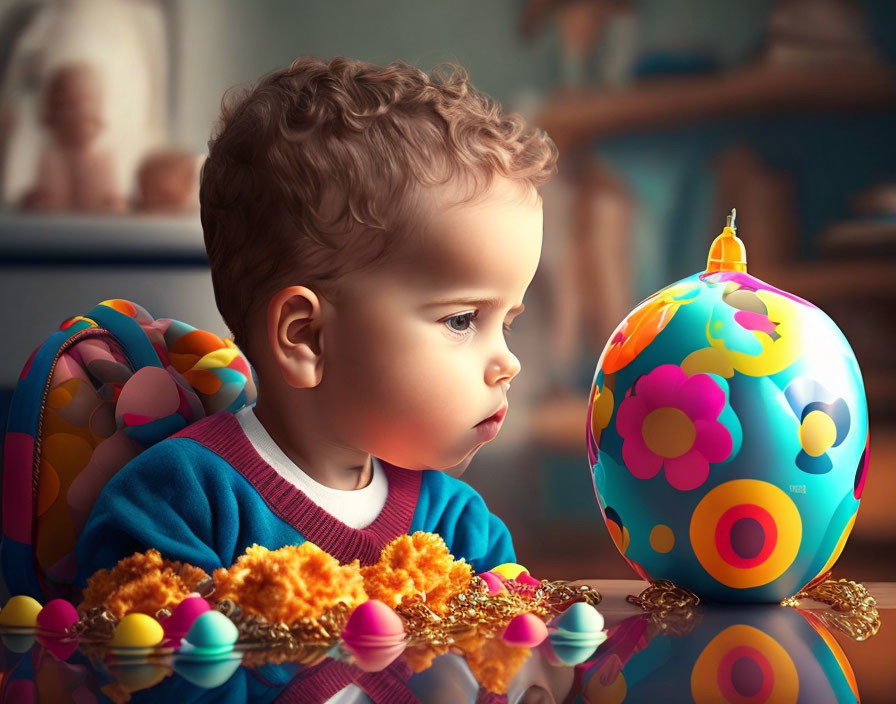 Curious toddler with colorful backpack and flower-patterned ball on table