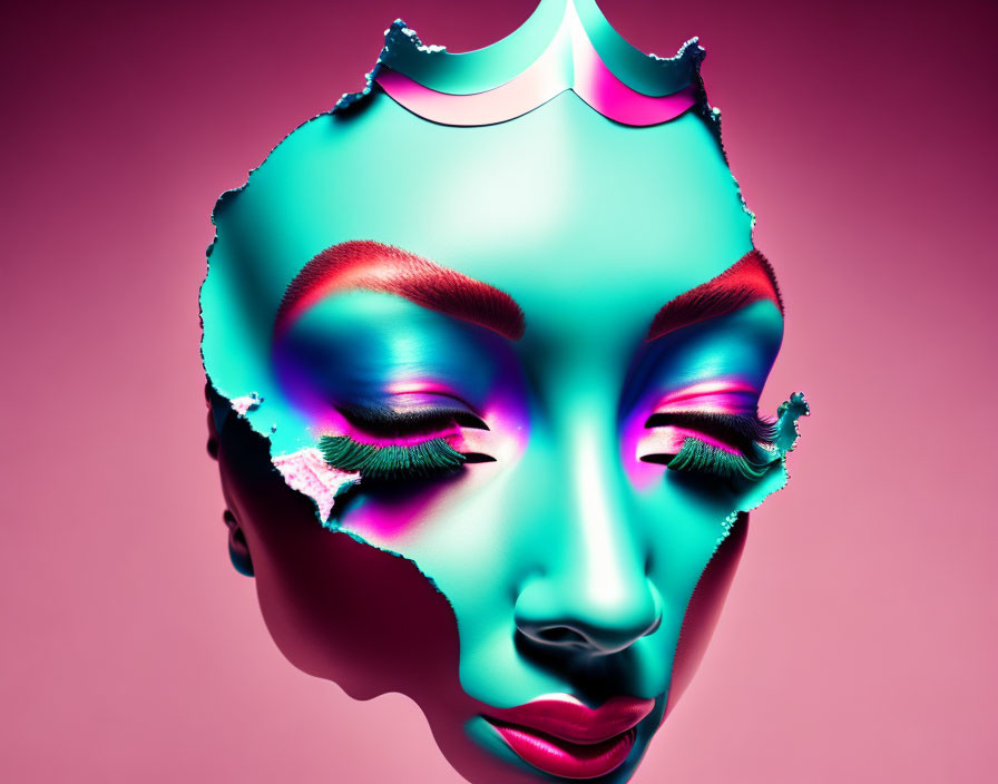 Metallic female face with elegant features and vibrant makeup on torn edge, pink background.