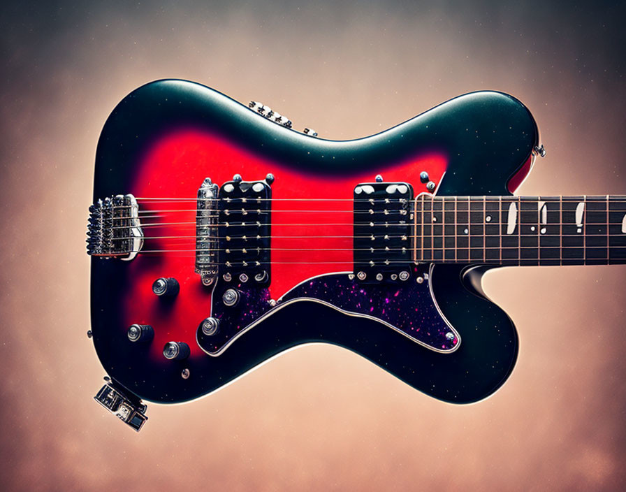 Red and Black Electric Guitar with Glossy Finish on Tan Background