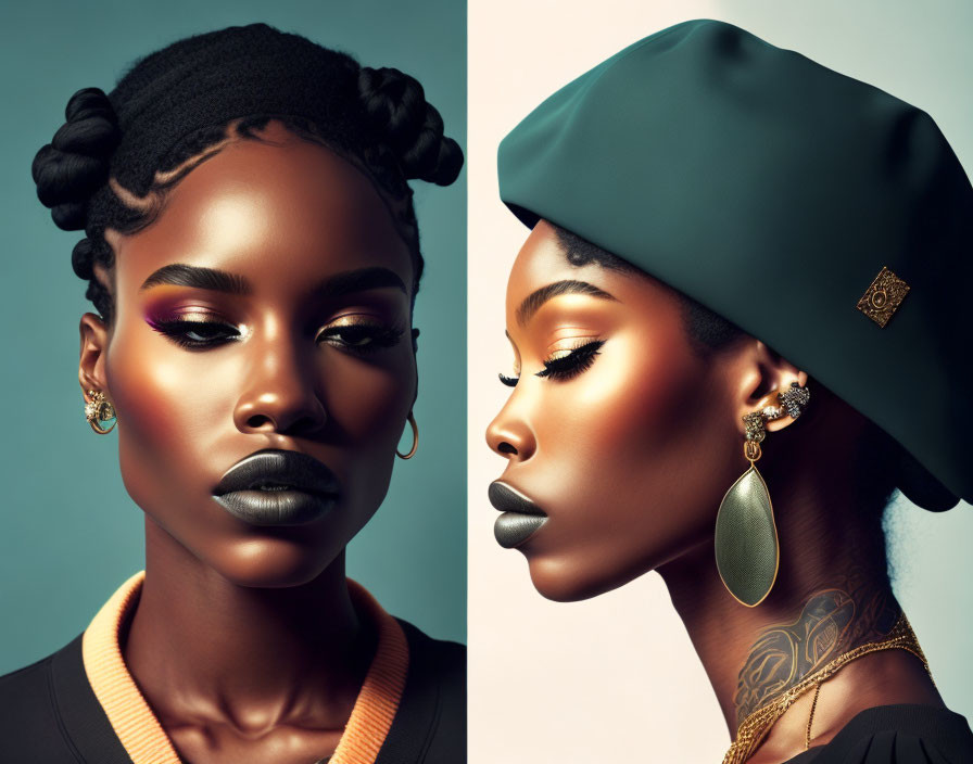 Woman with stylish makeup and hair in gold earrings and green beret against teal background