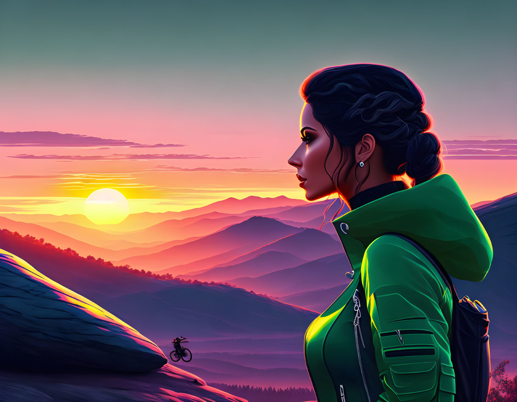 Digital Art: Woman in Green Jacket Watching Sunrise Over Mountain Landscape with Cyclist Trail