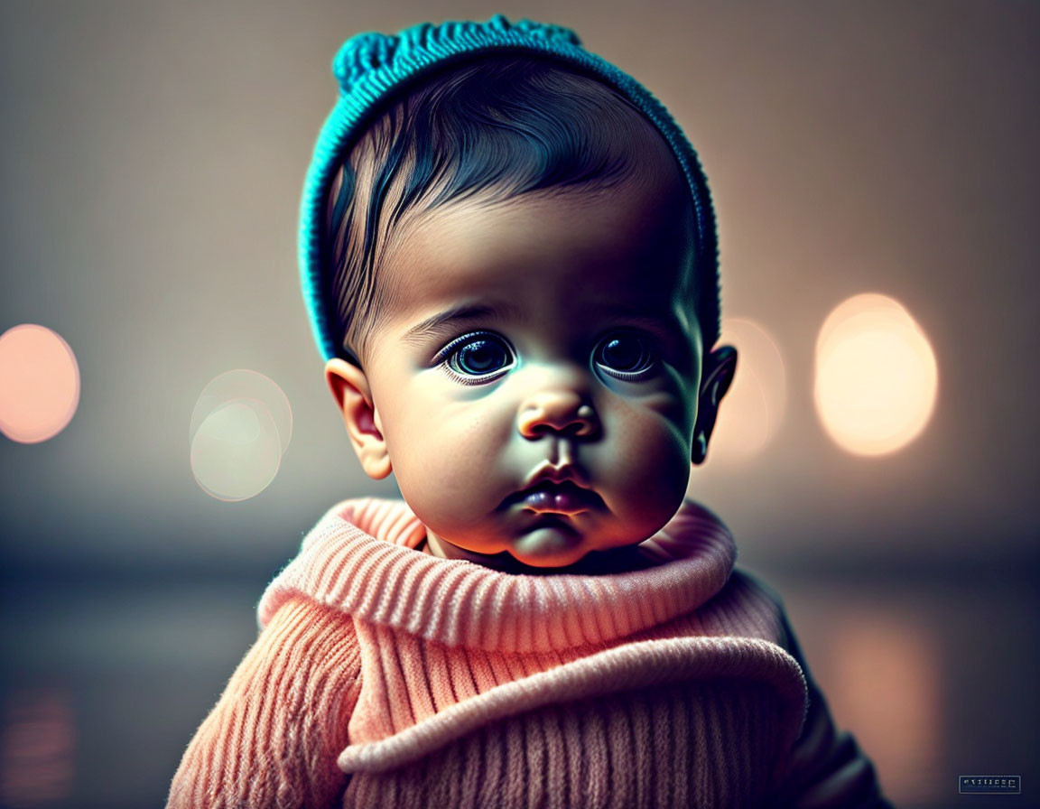 Toddler in blue beanie and peach sweater with large eyes in soft bokeh lights.