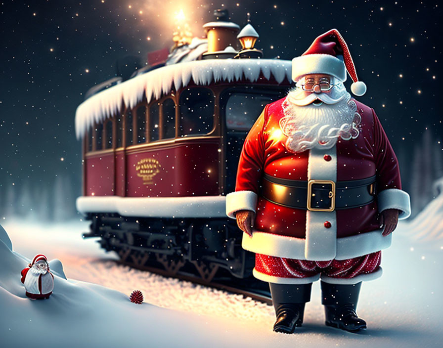 Santa Claus with vintage train in snowy night scene.