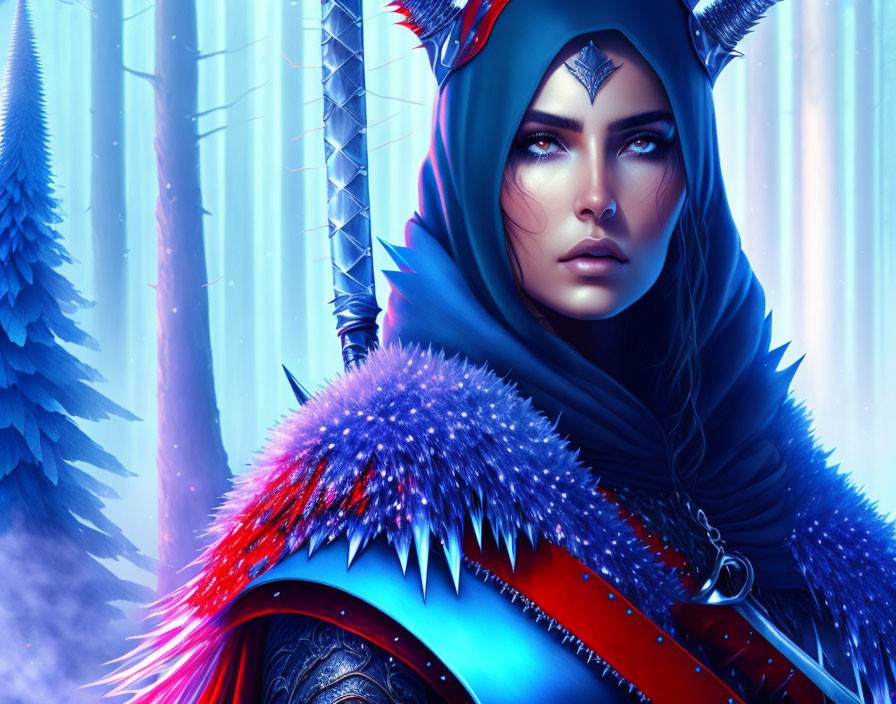 Female warrior in wolf headdress and armor in mystical forest