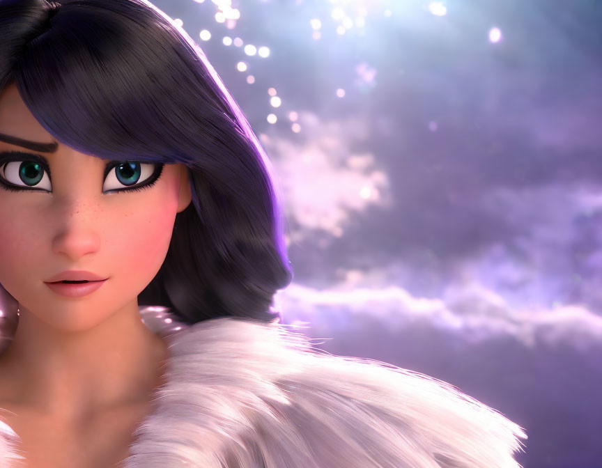 Female character with large green eyes and dark hair in white fur wrap on purple background