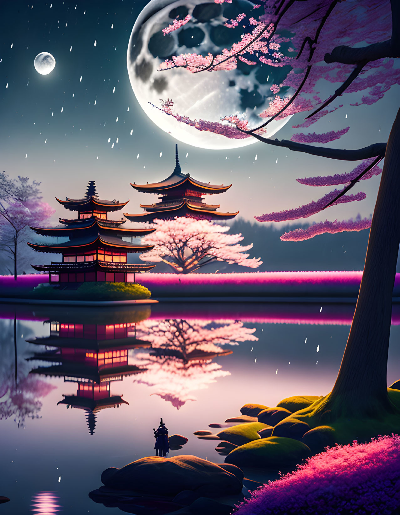 Tranquil lakeside night scene with pagodas, cherry blossoms, moon, and reflection
